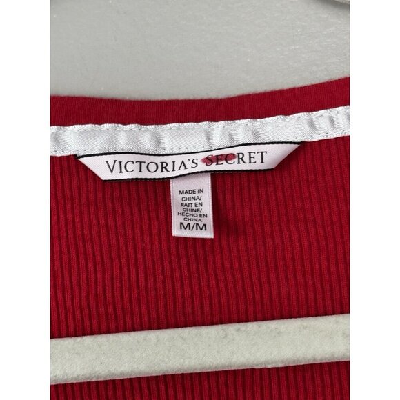 Victorias Secret Y2K M Red Waffle Knit Thermal Henley Top Cozy Lounge Coquette - Picture 3 of 8